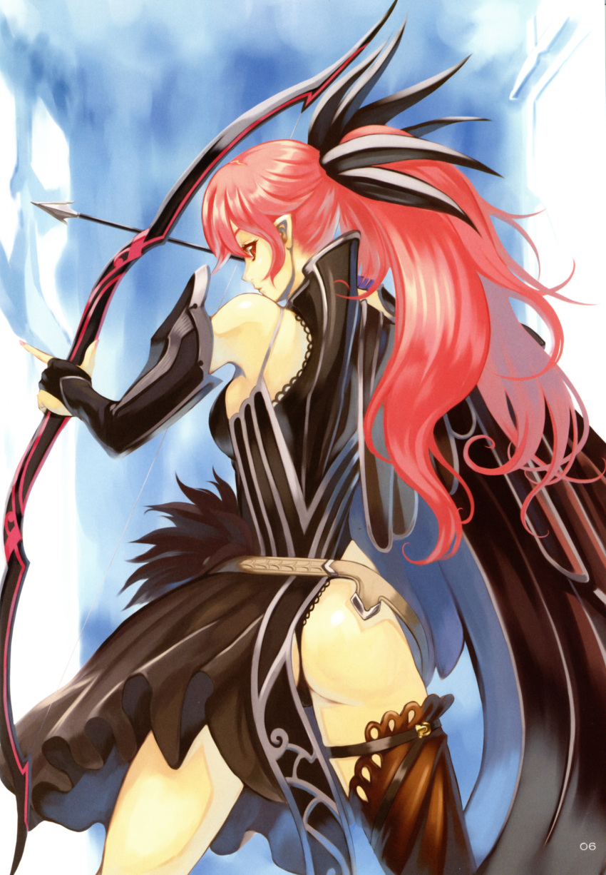 absurdres arrow ass bare_shoulders bow_(weapon) cape copyright_request eiwa highres long_hair looking_back pink_hair ponytail red_eyes single_thighhigh solo thighhighs weapon