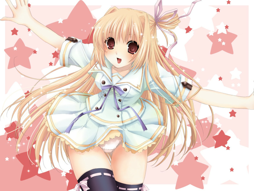 :d black_legwear blonde_hair brown_eyes dress highres hoshiful kusuhara_kotone long_hair one_side_up open_mouth outstretched_arms panties pink_background school_uniform skirt skirt_lift smile spread_arms star starry_background thigh-highs thighhighs underwear white_background white_dress white_panties