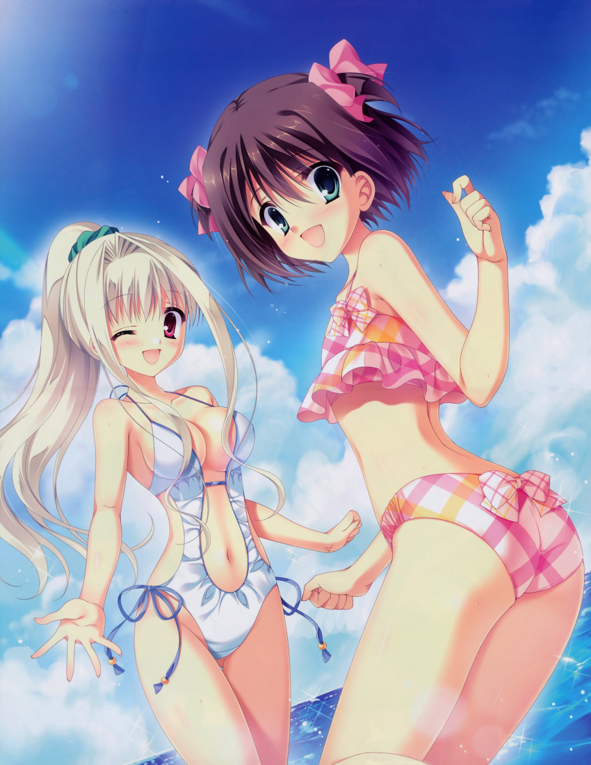 2girls :d ;d absurdres bikini blonde_hair blue_eyes breasts brown_hair casual_one-piece_swimsuit center_opening cleavage clouds da_capo_iii highres huge_filesize katsuragi_himeno multiple_girls ocean one-piece_swimsuit open_mouth pink_bikini ponytail red_eyes sky smile swimsuit tagme tanihara_natsuki wink yoshino_charles