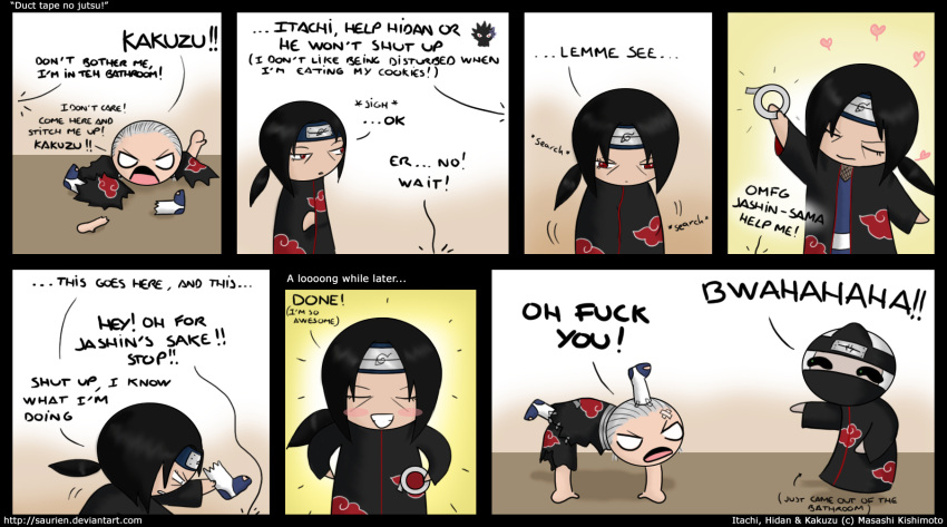 ^_^ black_hair cloak closed_eyes comic duct_tape english eyes_closed heart hidan kakuzu male naruto pain_(naruto) uchiha_itachi white_hair