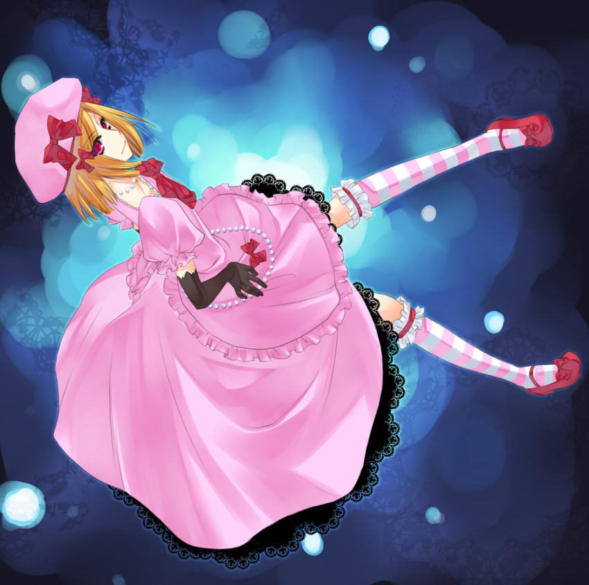 bow elbow_gloves frills gloves hair_bow hair_ribbon hand_on_hip hat hips hisato jewelry lambdadelta mary_janes necklace red_eyes ribbon she's_a_cake shoes smile solo striped striped_legwear striped_thighhighs umineko_no_naku_koro_ni