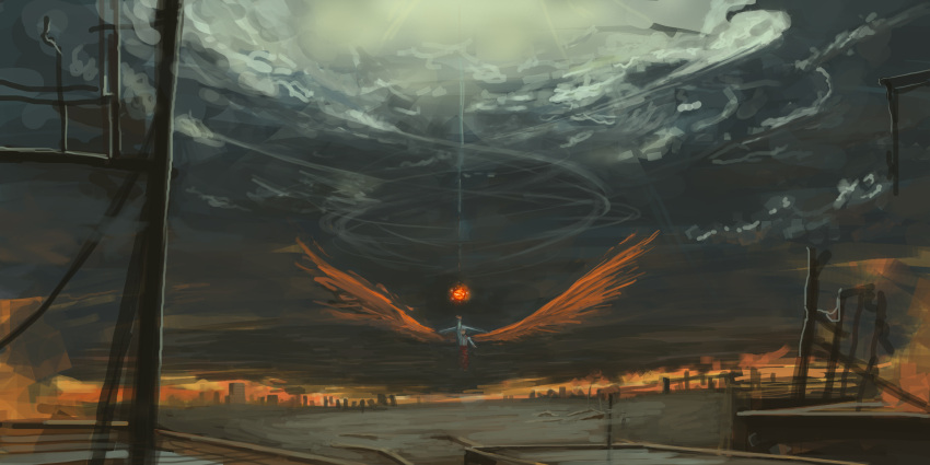 absurdres city clouds code-aa faux_traditional_media fiery_wings fire fujiwara_no_mokou highres landscape outstretched_hand scenery solo touhou wings
