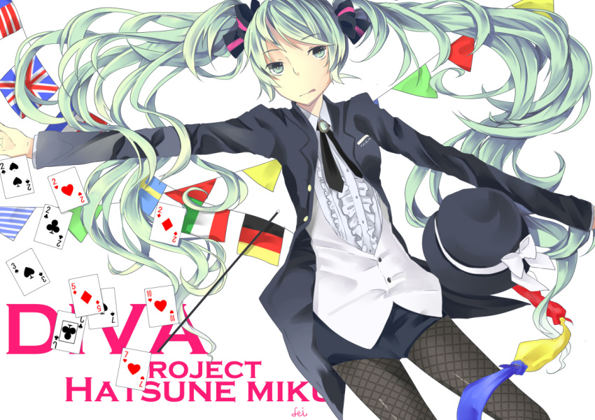 bad_id card cards fen_renlei fishnet_pantyhose fishnets flag green_eyes green_hair hat hatsune_miku long_hair lying_card magician miracle_paint_(vocaloid) pantyhose project_diva solo twintails very_long_hair vocaloid