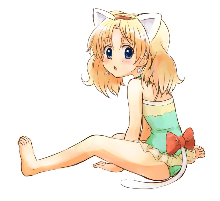 1girl :o bare_legs bare_shoulders barefoot bell blonde_hair blue_eyes blush casual_one-piece_swimsuit cat_ears cat_tail earrings feet highres jewel_pet_tinkle jewelpet_(series) jewelpet_tinkle jewelry kemonomimi_mode looking_back miria_marigold_mackenzie nyama one-piece_swimsuit ribbon short_hair simple_background sitting solo swimsuit tail