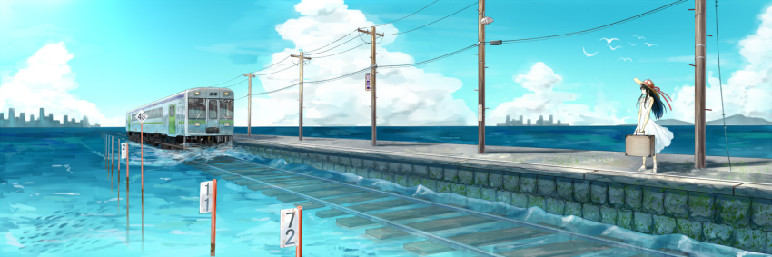 bird black_hair cloud clouds dress flood hat long_hair long_image nishiuri ocean original power_lines railroad_tracks scenery sea_train solo suitcase sun_hat sundress train water white_dress wide_image