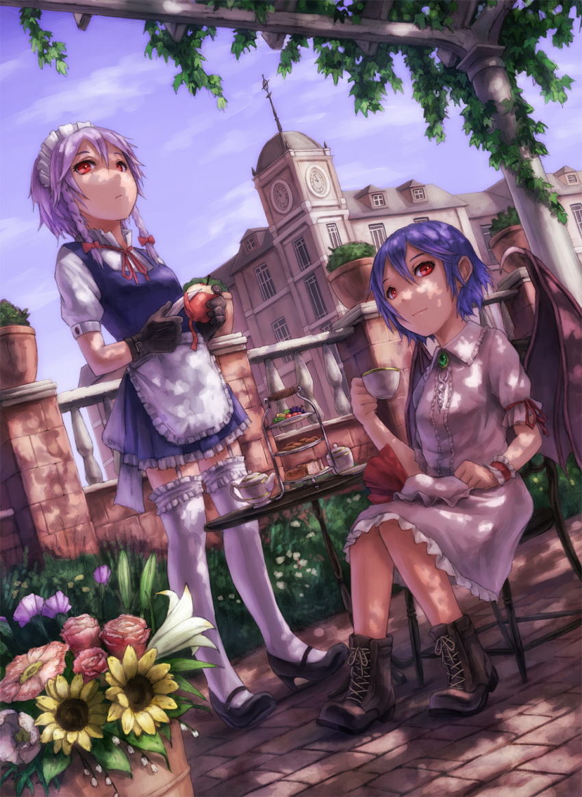 ankle_boots apple apple_peel bat_wings black_gloves blue_dress blue_hair boots braid cake chair cookie cup dappled_sunlight dress dutch_angle flower flower_pot food fruit garter_straps gloves grapes hat hat_removed headwear_removed highres holding holding_apple holding_fruit izayoi_sakuya knife kurione_(zassou) maid maid_headdress mansion multiple_girls peeling pink_dress pink_hair plant purple_hair red_eyes remilia_scarlet scarlet_devil_mansion shade short_hair silver_hair sitting standing sunflower table tea tea_set teacup teapot thigh-highs thighhighs tiered_tray touhou twin_braids white_legwear wings wrist_cuffs wristband