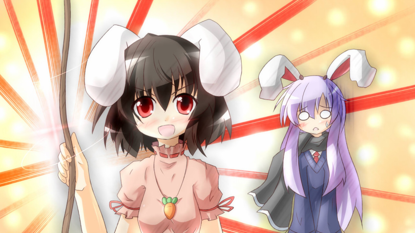 animal_ears blush brown_hair bunny_ears bust cape carrot dress inaba_tewi jewelry long_hair multiple_girls necklace necktie o_o pendant pink_dress purple_hair red_eyes reisen_udongein_inaba scarf short_hair smile sweatdrop sweater touhou yurume_atsushi