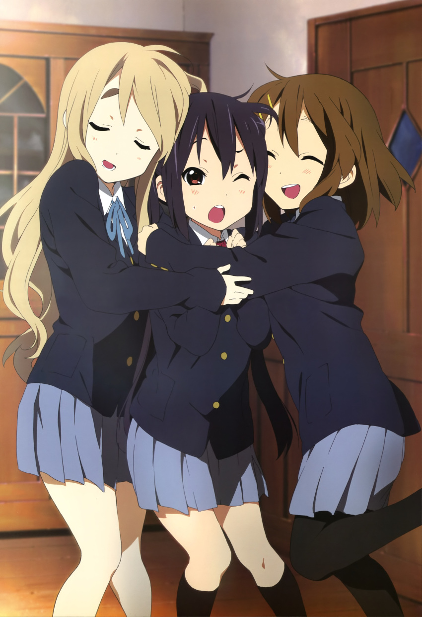 absurdres brown_eyes closed_eyes eyes_closed girl_sandwich hair_ornament hairclip high_res highres hirasawa_yui hug k-on! kotobuki_tsumugi multiple_girls nakano_azusa nyantype official_art open_mouth pantyhose school_uniform socks wink