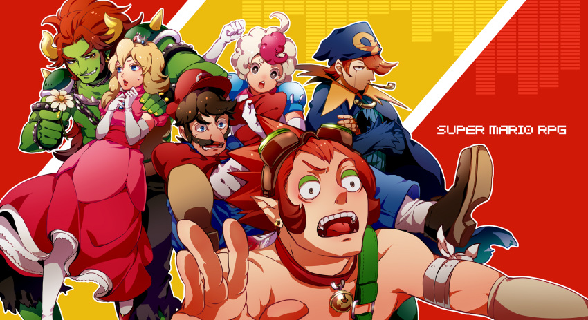 1girl 5boys bell blonde_hair bowser bowyer brown_hair collar crossed_arms daisy doll_joints dress elbow_gloves flower geno gloves grin hat highres jingle_bell mallow_(mario) mario multicolored_hair multiple_boys open_mouth otani_(gloria) personification pipe princess_peach redhead sharp_teeth smile super_mario_bros. super_mario_rpg teeth two-tone_hair white_hair