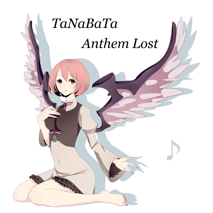 absurdres alternate_costume bare_legs barefoot dress fingernails highres legs long_fingernails musical_note mystia_lorelei nail_polish navel no_hat no_headwear pink_eyes pink_hair shinoi short_hair simple_background sitting solo touhou wariza wings