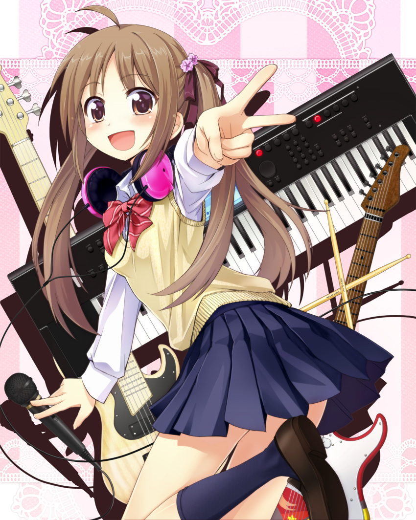 ahoge blush brown_eyes brown_hair drumsticks electric_guitar guitar headphones headphones_around_neck highres instrument keyboard_(instrument) long_hair looking_at_viewer looking_back microphone open_mouth orda original outstretched_arm pleated_skirt school_uniform shadow skirt smile solo twintails v wide-eyed wide_eyed