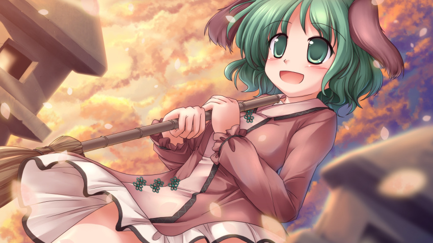 animal_ears bamboo_broom blush broom dress dutch_angle green_eyes green_hair highres kasodani_kyouko lzh open_mouth short_hair smile solo stone_lantern touhou