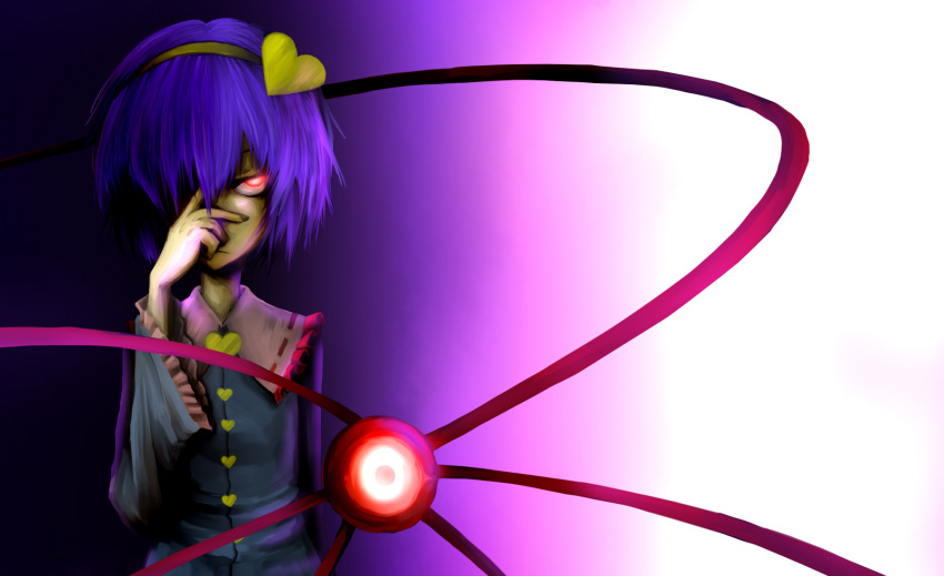 am24 blue_hair glowing_eyes hair_ornament hair_over_one_eye hairband heart highres komeiji_satori red_eyes short_hair solo third_eye touhou