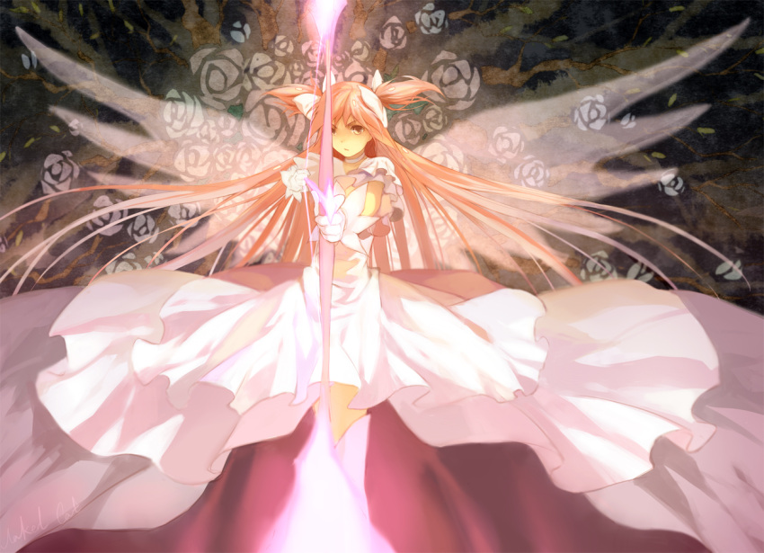 bow bow_(weapon) dress flower gloves goddess_madoka hair_bow kaname_madoka long_hair magical_girl mahou_shoujo_madoka_magica naked_cat pink_hair short_twintails signature solo spoilers twintails two_side_up ultimate_madoka weapon wings yellow_eyes