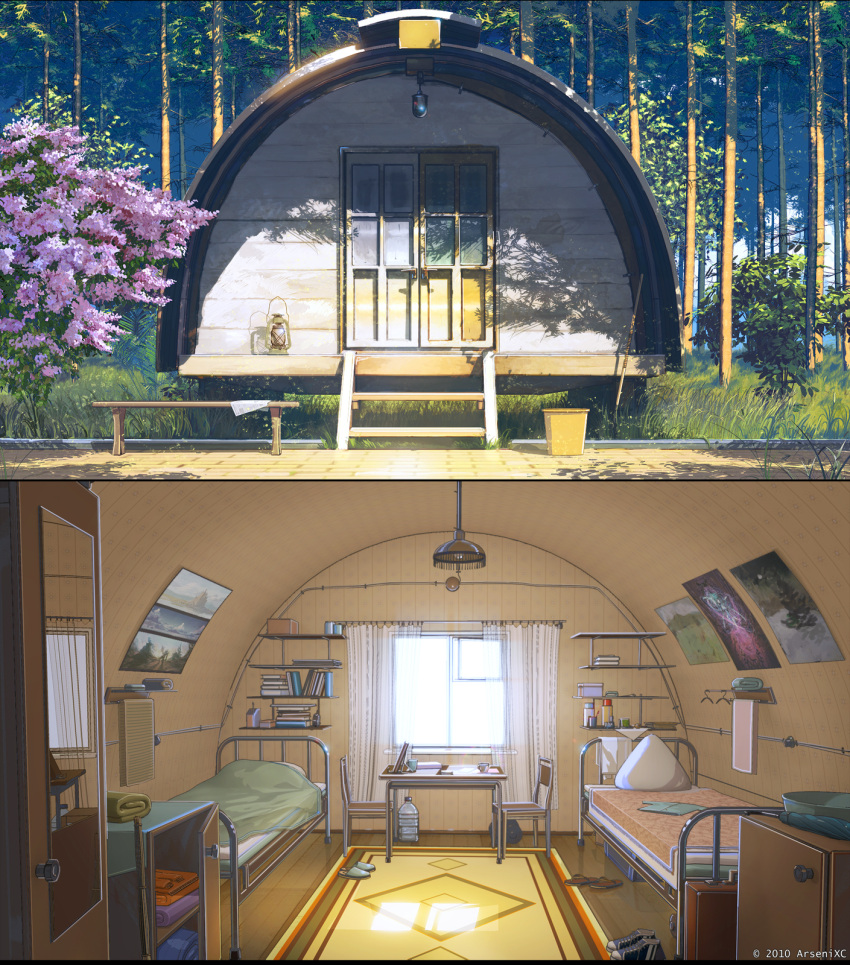 bed bedroom bench book carpet cherry_blossoms door flower grass highres house lamp landscape lantern mirror no_humans original poster poster_(object) room scenery shade sunlight tree window