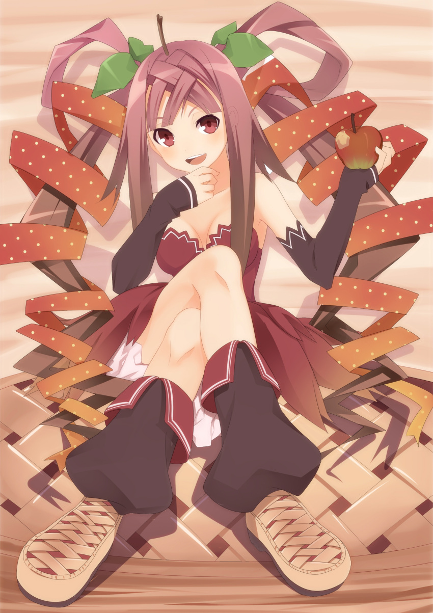 :d absurdres apple apple_pie bad_id bare_shoulders breasts crossed_legs detached_sleeves dress feet food foreshortening fruit highres legs_crossed long_hair looking_at_viewer open_mouth original personification pie red_eyes red_hair redhead sama sitting smile solo strawberry twintails very_long_hair