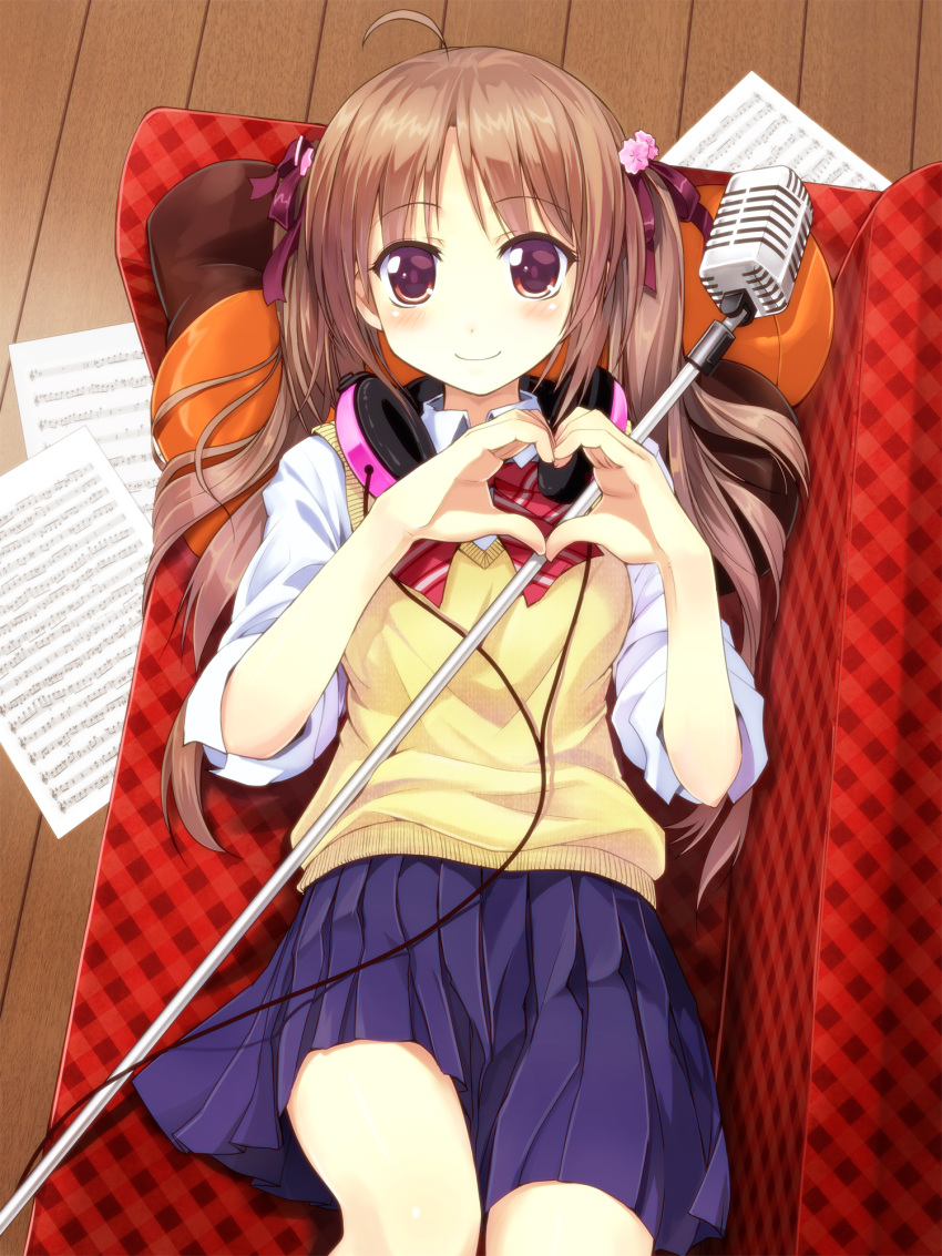 blush brown_eyes brown_hair hair_ribbon headphones headphones_around_neck heart heart_hands highres long_hair lying microphone microphone_stand orda original pleated_skirt ribbon school_uniform sheet_music skirt smile solo sweater_vest twintails