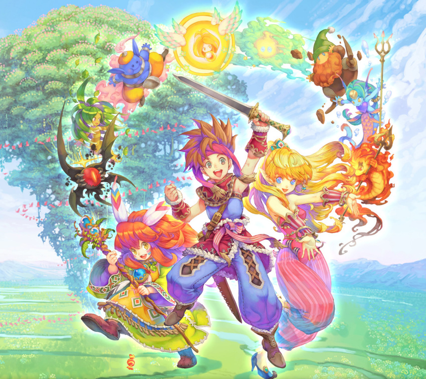 2boys 2girls androgynous armor artist_request baggy_pants bare_shoulders bird blonde_hair boots crane_(animal) dryad_(seiken_densetsu) facial_mark feathers gnome_(seiken_densetsu) hair_feathers headband jinn_(seiken_densetsu) long_hair lumina_(seiken_densetsu) luna_(seiken_densetsu) mana_tree multiple_boys multiple_girls official_art pointy_ears popoie purim randi red_hair salamander_(seiken_densetsu) salamando_(seiken_densetsu) seiken_densetsu seiken_densetsu_2 shade_(seiken_densetsu) spiked_hair square_(company) square_enix staff strapless sword sylphid_(seiken_densetsu) tree tunic undine_(seiken_densetsu) vambraces weapon will-o'-wisp_(seiken_densetsu)