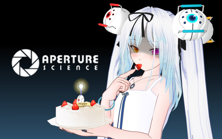 cake dress flat_chest food fruit glados hairpods happy_birthday heterochromia highres long_hair nail_polish pastry personification portal solo strawberry sundress turret_(portal) twintails white_dress white_hair