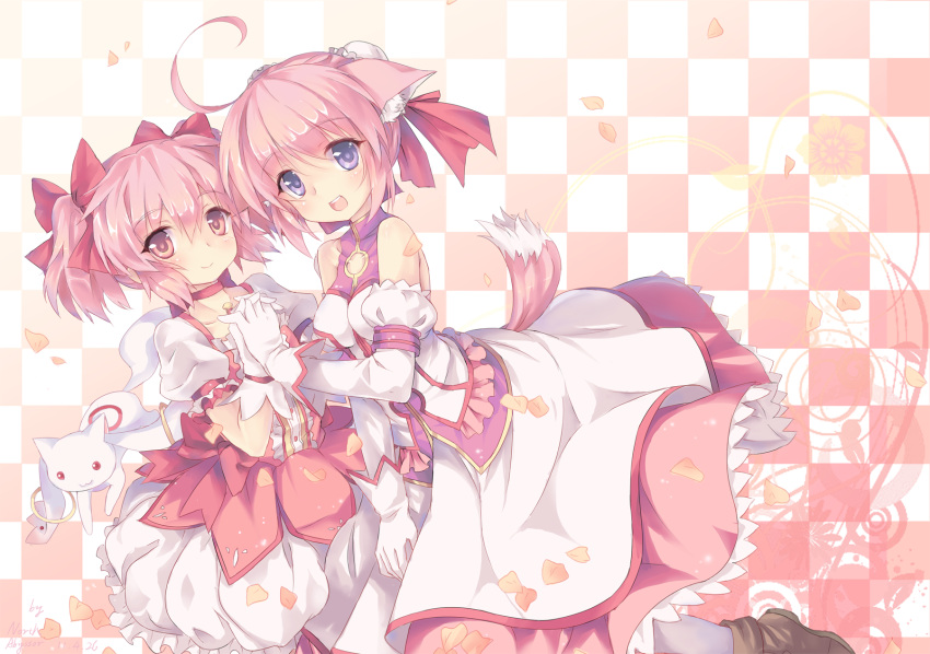 ahoge bare_shoulders bubble_skirt checkered checkered_background choker color_connection crossover dog_days gloves hands_together highres kaname_madoka kyubey look-alike magical_girl mahou_shoujo_madoka_magica millhiore_f_biscotti multiple_girls north_abyssor petals pink pink_eyes pink_hair puffy_sleeves purple_eyes short_hair violet_eyes white_gloves