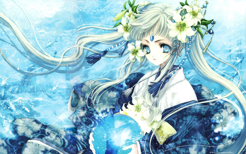blue blue_eyes character_request flower flowers hair_accessory japanes_clothes japanese_clothes jpeg_artifacts long_hair source_request tohru_adumi twintails