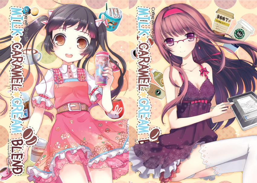 animal_ears bare_shoulders belt black_hair blush bow breasts brown_eyes brown_hair bunny_ears caramel cleavage coffee collaboration collarbone cookie cover cup cupcake dress drink earrings english food glasses hair_bow hairband heart jewelry jin_young-in juke light_smile long_hair milk multiple_girls open_mouth original purple_eyes saucer short_sleeves sleeveless tablet tablet_pc tablet_pen thigh-highs thighhighs twintails violet_eyes white_legwear zettai_ryouiki