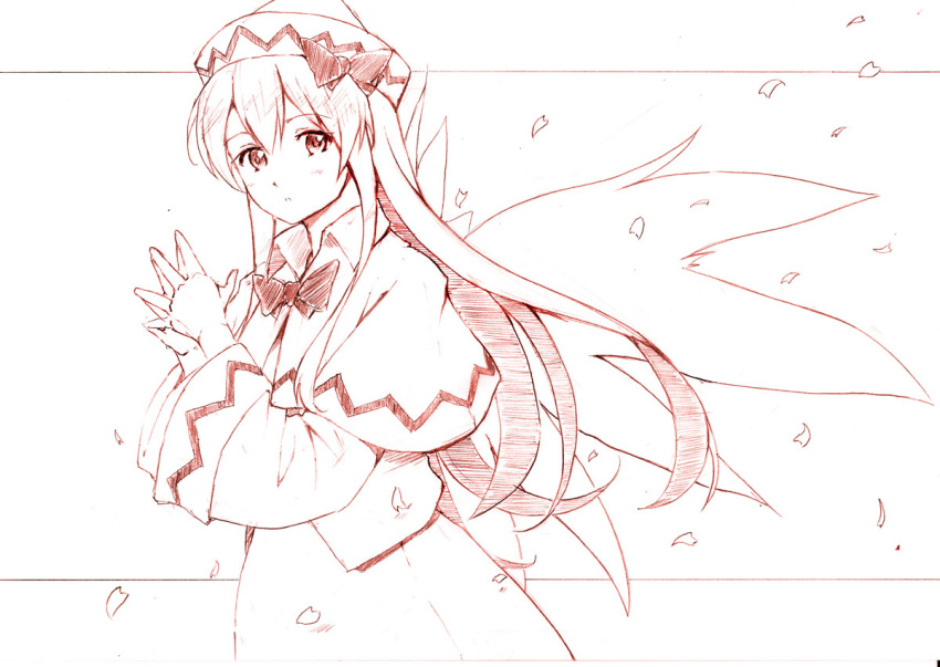 bow capelet dress hands_together hat hat_ribbon lily_white long_hair monochrome petals ribbon solo steepled_fingers touhou vent_arbre very_long_hair wings