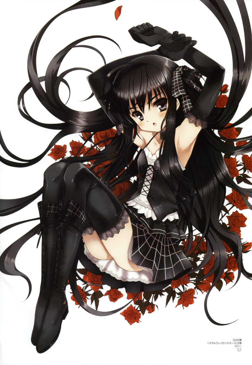 absurdres armpits arms_up black_eyes black_hair black_legwear blush boots bustier cross-laced_footwear elbow_gloves flat_chest flower gloves hair_ribbon highres koin koin_(foxmark) lace lace-trimmed_thighhighs lingerie long_hair metal_witch_sisters open_mouth red_rose ribbon rose skirt solo thigh-highs thighhighs underwear very_long_hair