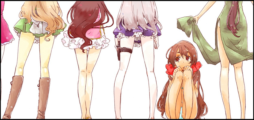 adapted_costume alternate_costume apron axis_powers_hetalia bare_legs belarus_(hetalia) bikini boots border brown_eyes chinese_clothes cross-laced_footwear dark_skin flower frilled_skirt frills from_behind gun_holster hair_ribbon holster hungary_(hetalia) kneepits knees_touching knife leg_hug legs liechtenstein_(hetalia) long_hair miniskirt multiple_girls open_mouth pale_skin ponytail ribbon seychelles_(hetalia) silver_hair simple_background sitting skirt skirt_lift standing swimsuit taiwan_(hetalia) tama_(mgml) thigh_holster thighs twintails underwear very_long_hair vietnam_(hetalia) vietnamese_dress weapon white_background