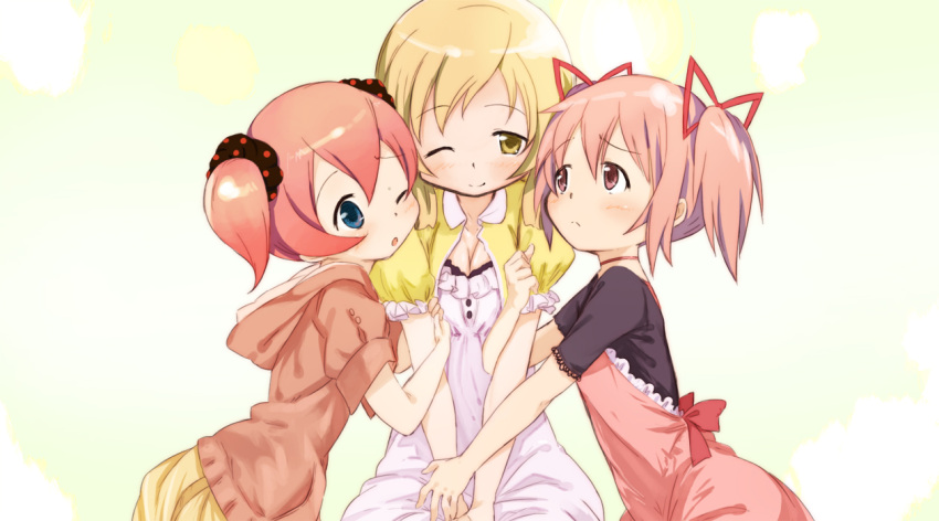 abe_kanari alternate_costume arm_hug blonde_hair blue_eyes blush breasts casual charlotte_(madoka_magica) cleavage hair_ribbon holding_hands hoodie kaname_madoka mahou_shoujo_madoka_magica multiple_girls official_style personification pink_eyes pink_hair ribbon tomoe_mami twintails wink yellow_eyes