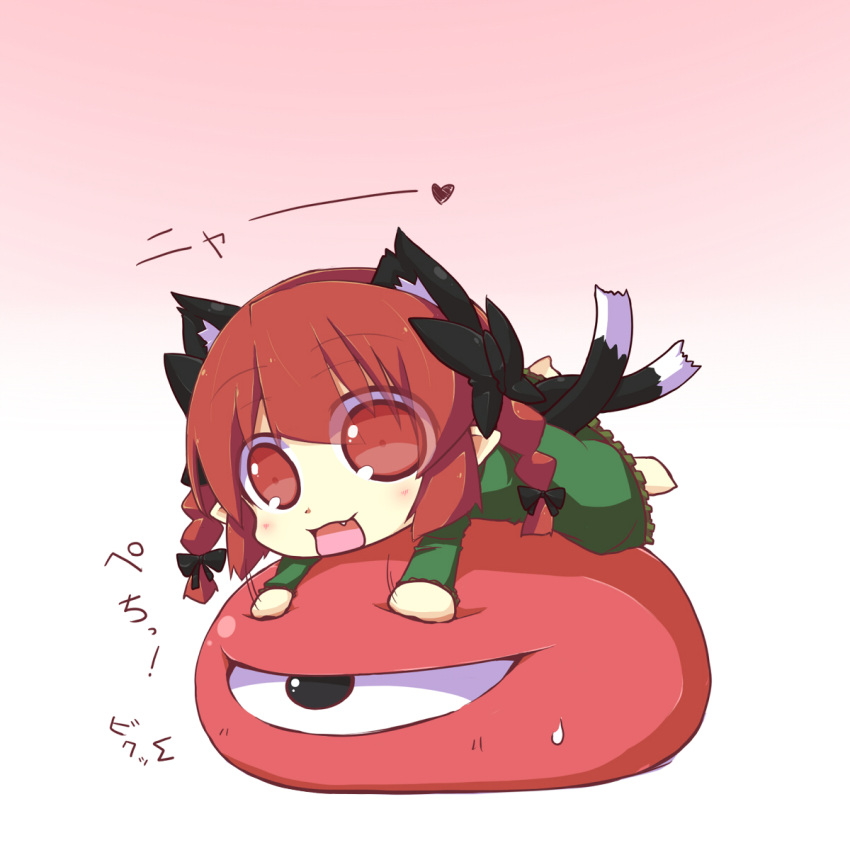 animal_ears benauxi bow braid cat_ears cat_tail chibi dress eyeball fang green_dress hair_bow hazuki_ruu highres kaenbyou_rin multiple_tails open_mouth red_eyes red_hair redhead solo squeezing sweatdrop tail third_eye touhou twin_braids