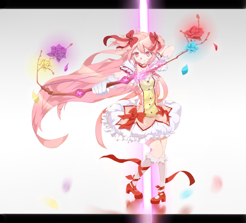 aiming_at_viewer alternate_hairstyle arrow bow bow_(weapon) firing flower gloves hair_bow highres kame^^ kaname_madoka letterboxed long_hair magic magical_girl mahou_shoujo_madoka_magica pink_eyes pink_hair pov_aiming shoe_ribbon shoes smile solo twintails weapon white_gloves