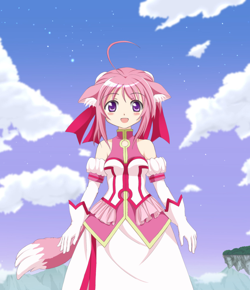 animal_ears bare_shoulders cloud clouds dog_days dog_ears dog_tail dress gloves highres kahis_(sweetbriar) millhiore_f_biscotti open_mouth pink_hair purple_eyes sky smile solo tail violet_eyes white_gloves