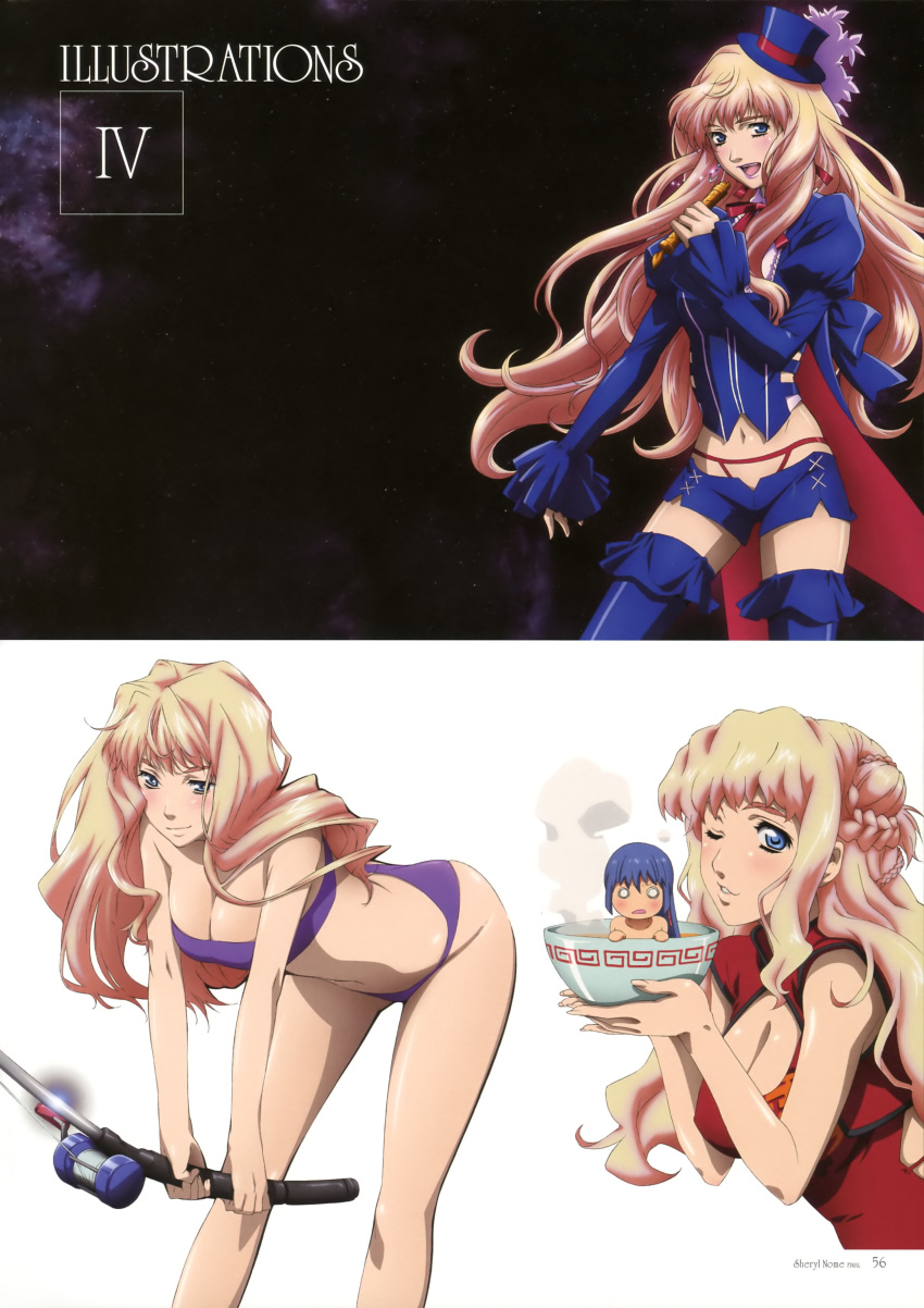 bandeau bikini blonde_hair blue_eyes blue_hair blush breasts chibi china_dress chinese_clothes cleavage cleavage_cutout fishing_rod hat highres jewelry lipstick long_hair macross macross_frontier makeup microphone midriff mini_top_hat navel open_mouth saotome_alto sheryl_nome shiny shiny_skin single_earring swimsuit thigh-highs thighhighs top_hat wink