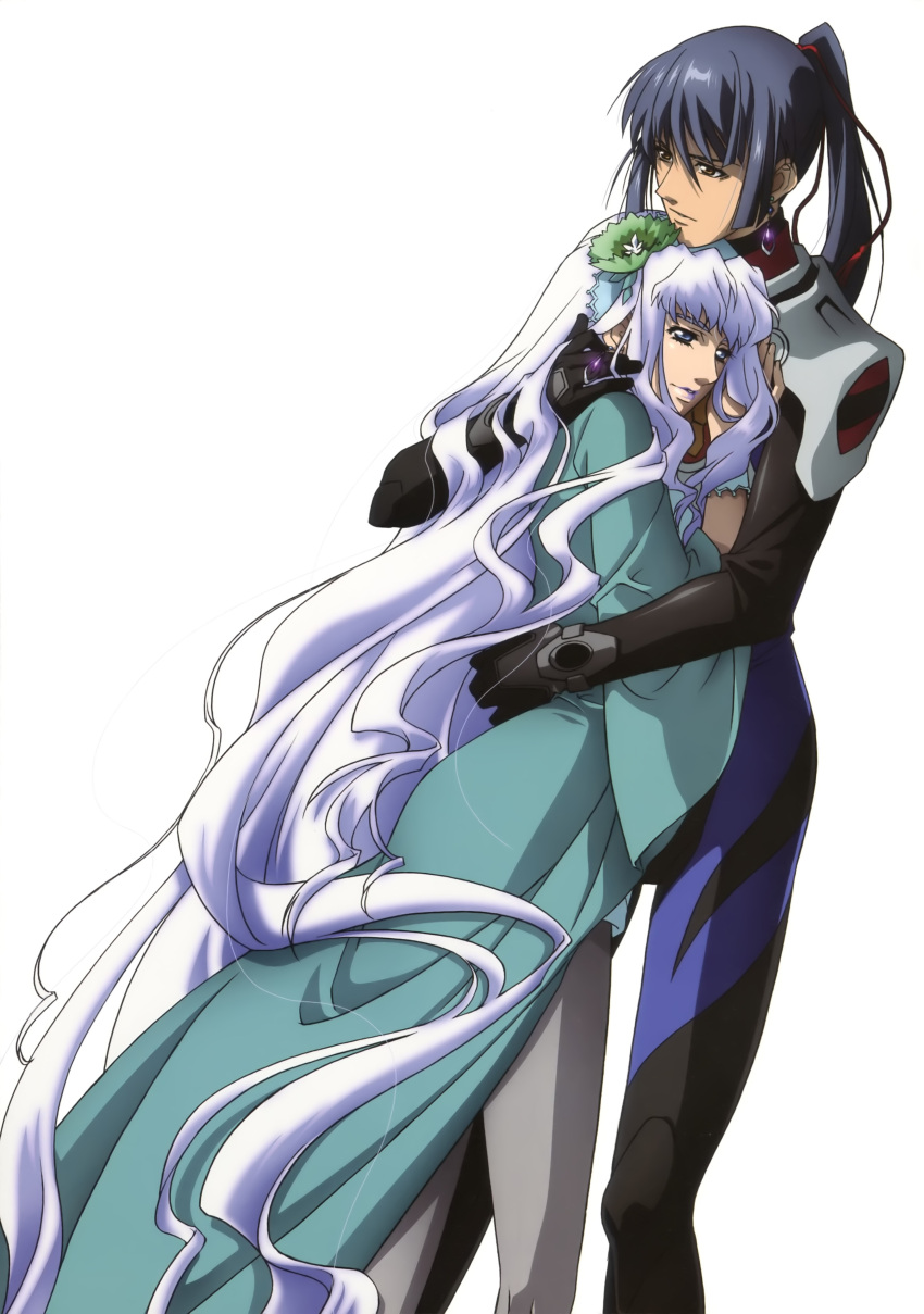 blue_eyes blue_hair brown_eyes highres hug jewelry kouno_sachiko lipstick long_hair macross macross_frontier macross_frontier:_itsuwari_no_utahime makeup pantyhose pilot_suit ponytail s.m.s. saotome_alto sheryl_nome single_earring spacesuit very_long_hair white_hair