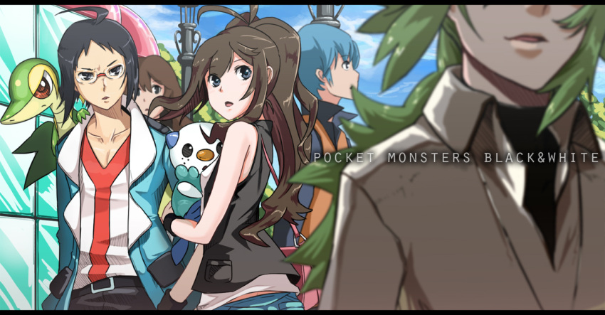 ace_trainer_(pokemon) bag black_hair blue_eyes blue_hair brown_hair cheren_(pokemon) collarbone denim denim_shorts glasses green_hair jacket lass_(pokemon) mushina_suzume n_(pokemon) no_hat no_headwear oshawott pokemon pokemon_(creature) pokemon_(game) pokemon_black_and_white pokemon_bw ponytail purse shorts sky snivy touko_(pokemon) vest