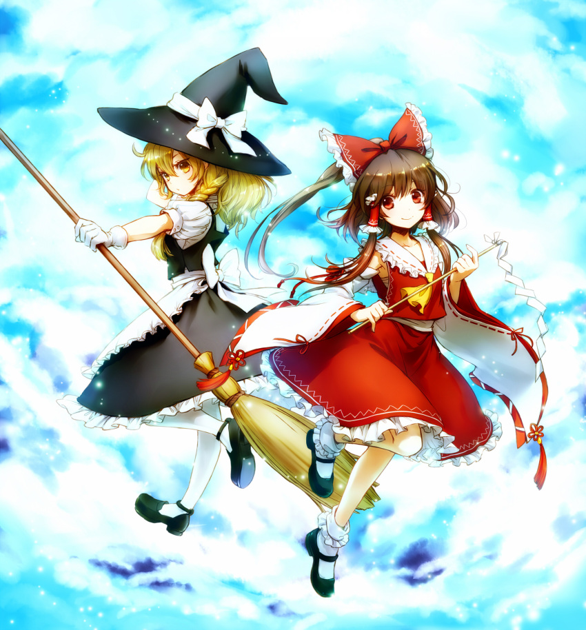 blonde_hair bobby_socks bow braid broom brown_hair cloud clouds detached_sleeves gloves gohei hair_bow hair_tubes hakurei_reimu hands hat highres kirisame_marisa looking_at_viewer mary_janes miko multiple_girls outstretched_arm pantyhose ponytail red_eyes ria shoes short_hair sky smile socks touhou white_gloves white_legwear wide_sleeves witch witch_hat yellow_eyes