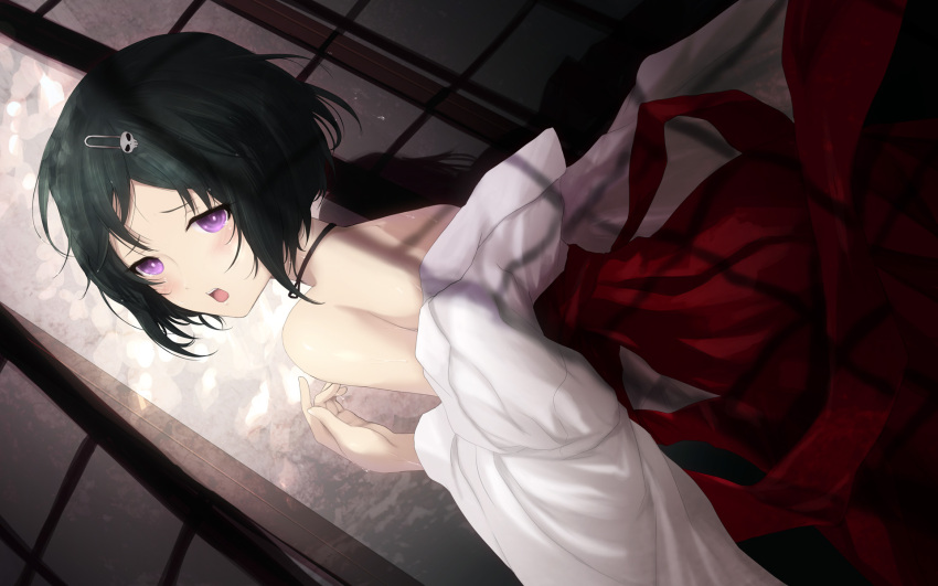 bare_shoulders black_hair blush cait choker dark_room dutch_angle from_behind hair_ornament hairclip highres japanese_clothes looking_back off_shoulder open_mouth purple_eyes shrine skull skull_hair_ornament sliding_doors steins;gate sweat trap urushibara_luka urushibara_ruka violet_eyes