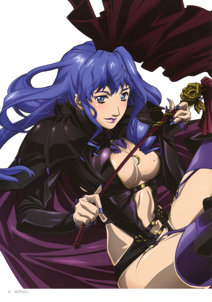 absurdres blue_eyes blue_hair breasts cape cleavage fingernails garter_straps highres lipstick long_fingernails long_nails macross macross_frontier macross_frontier:_itsuwari_no_utahime makeup nail_polish sheryl_nome solo thigh-highs thighhighs