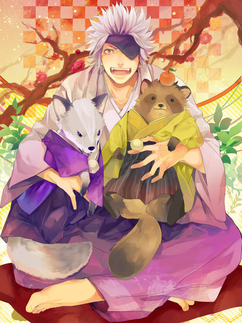 animalization barefoot checkered checkered_background chosokabe_motochika chousokabe_motochika eyepatch food food_on_head fox gradient gradient_background highres indian_style ishida_mitsunari ishida_mitsunari_(sengoku_basara) japanese_clothes kimono male glasses_(artist) object_on_head open_mouth red_background sengoku_basara short_hair sitting solo spiked_hair spiky_hair tanuki tokugawa_ieyasu white_hair yellow_background