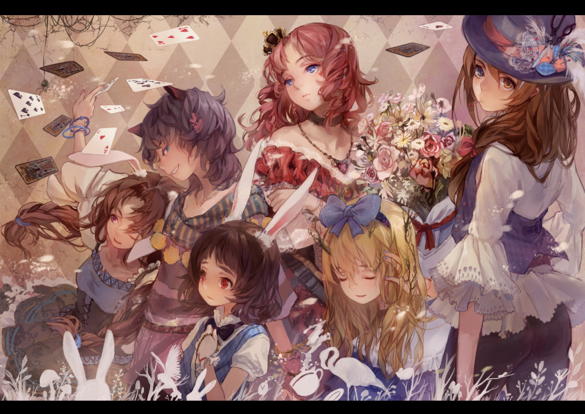 alice_(wonderland) alice_in_wonderland animal_ears argyle argyle_background bare_shoulders bird blonde_hair blue_eyes bouquet bow bracelet brown_eyes brown_hair bunny bunny_ears card cards cheshire_cat choker closed_eyes cup falling_card flamingo floating_card flower gloves grin hair_bow hairband hand_in_hair hand_on_own_chest hat heterochromia highres holding holding_card jewelry letterboxed mad_hatter mini_crown mouth_hold multiple_girls mushroom nail_polish necklace neptune_(artist) original personification playing_card pocket_watch profile rabbit red_eyes red_hair red_queen redhead ringlets saucer silhouette smile smirk spider teacup watch white_rabbit
