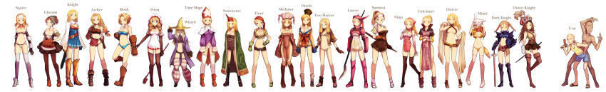 6+girls :d :o absurdres adapted_costume archer_(fft) arithmetician_(fft) armor bag bare_shoulders belt bikini_armor black_mage black_mage_(fft) blonde_hair blue_eyes blush boots bra braid breasts brown_eyes brown_hair brown_legwear cape chemist_(fft) dancer_(fft) dark_knight_(fft) dragoon_(fft) elbow_gloves everyone final_fantasy final_fantasy_tactics frills gauntlets geomancer_(fft) gloves greaves gun hand_on_hip hands_on_hilt hat headband helmet highres hips horn kara_(color) katana knight_(fft) leg_up legs lingerie long_hair long_image mime_(fft) monk_(fft) multiple_girls mystic_(fft) ninja_(fft) onion_knight onion_knight_(fft) open_mouth orator_(fft) panties pantyhose polearm ponytail red_eyes samurai_(fft) sandals shoes short_hair shorts simple_background smile spear squire_(fft) staff striped striped_legwear summoner_(fft) sword tabi thief_(fft) thigh_boots thighhighs time_mage time_mage_(fft) twin_braids twintails underwear weapon white_legwear white_mage white_mage_(fft) wide_image witch_hat yellow_eyes zettai_ryouiki