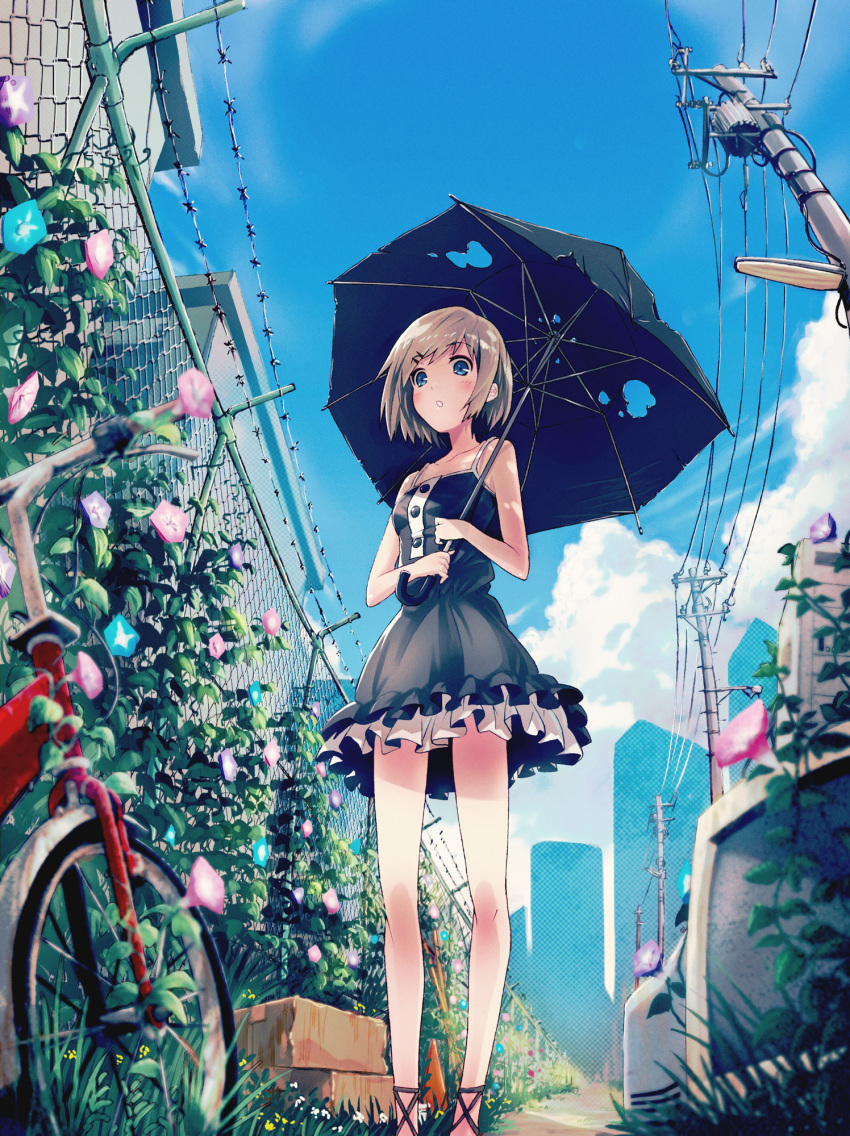 40hara barbed_wire bare_legs bicycle blue_eyes brown_hair clouds dress fence flower grass hair_ornament hairclip highres original power_lines short_hair sky umbrella