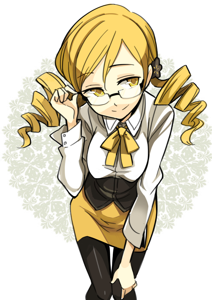 absurdres bad_id bespectacled blonde_hair drill_hair glasses highres lastswallow mahou_shoujo_madoka_magica office_lady pantyhose skirt smile solo teacher tomoe_mami twin_drills yellow_eyes