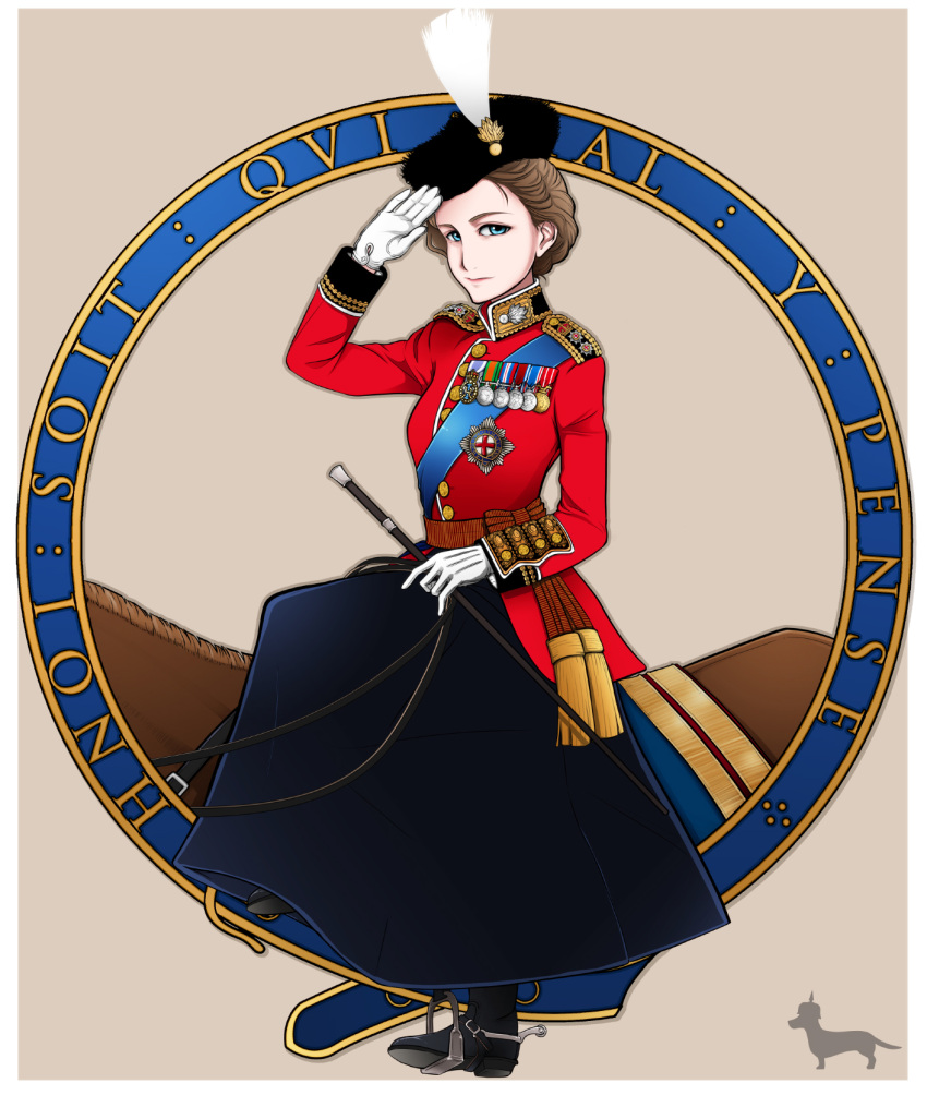 blue_eyes boots brown_hair copyright_request dog elizabeth_ii england gloves hat highres horseback_riding inset looking_at_viewer medal military military_uniform queen riding riding_crop salute silhouette solo spur spurs toge_inu uniform united_kingdom