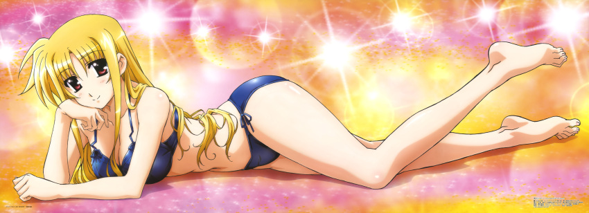 absurdres barefoot bikini blonde_hair breasts cleavage fate_testarossa feet hashimoto_takayoshi highres incredibly_absurdres legs long_hair long_image lying lyrical_nanoha mahou_shoujo_lyrical_nanoha megami official_art on_side red_eyes side-tie_bikini smile solo swimsuit wide_image