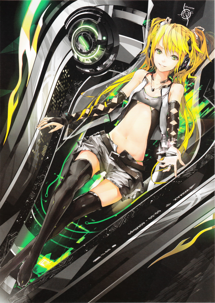 bare_shoulders belt black_legwear blonde_hair boots bridal_gauntlets flat_chest green_eyes headphones highres iphone jewelry long_hair looking_at_viewer lying navel necklace nil on_back original panties phone redjuice scan shorts smile solo thigh-highs thigh_boots thighhighs thong twintails underwear zettai_ryouiki