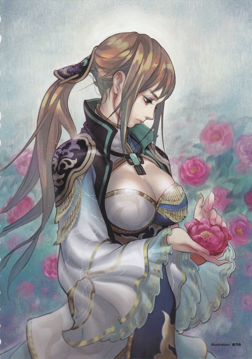 artist_request breasts brown_eyes brown_hair chinese_clothes cleavage cleavage_cutout flower hair_ornament harunoichi highres official_art pauldron pauldrons peony_(flower) ponytail sangoku_musou shin_sangoku_musou shin_sangoku_musou_6 solo wang_yuanji