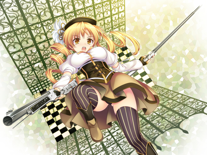 :o beret black_panties blonde_hair boots breasts brown_legwear corset detached_sleeves drill_hair dual_wielding dutch_angle fingerless_gloves from_below gloves gun hair_ornament hairpin hat large_breasts magical_girl magical_musket mahou_shoujo_madoka_magica open_mouth panties pantyshot pleated_skirt puffy_sleeves ribbon rifle skindentation skirt solo taut_shirt tebukuro teeth thigh-highs thighhighs tomoe_mami twin_drills twintails underwear vertical-striped_legwear vertical_stripes weapon yellow_eyes zettai_ryouiki