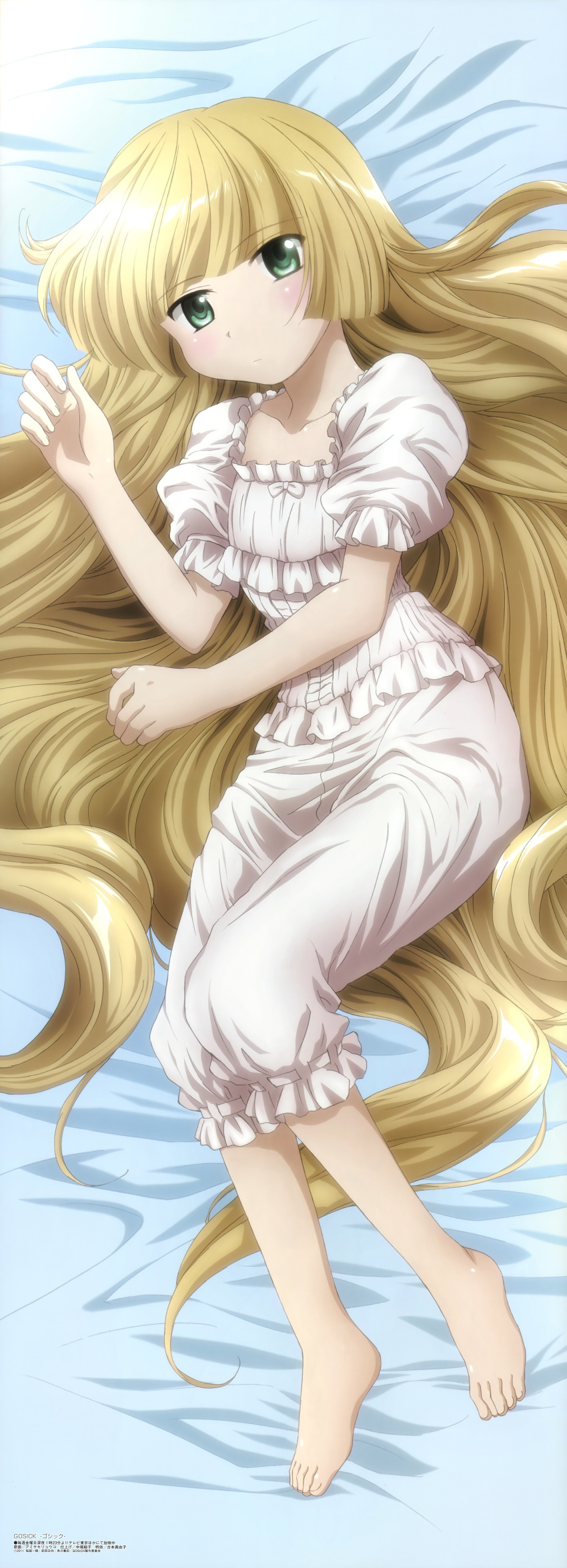 absurdres amisaki_ryouko barefoot blonde_hair dakimakura feet gosick green_eyes highres incredibly_absurdres long_hair long_image looking_at_viewer lying megami official_art on_side pajamas solo stick_poster tall_image very_long_hair victorica_de_blois